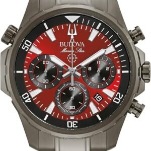 Bulova Men's Marine Star Series B Gray Ion Plated Stainless Steel 6-Hand Chronograph Quartz Watch, Red Dial Style: 98B350